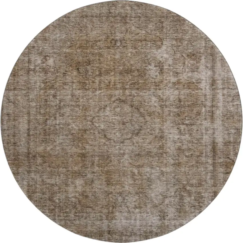 8' Brown And Taupe Abstract Washable Round Rug With UV Protection Photo 1