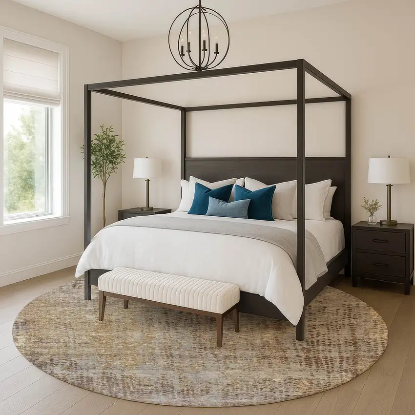 8' Brown And Taupe Abstract Washable Round Rug With UV Protection Photo 5