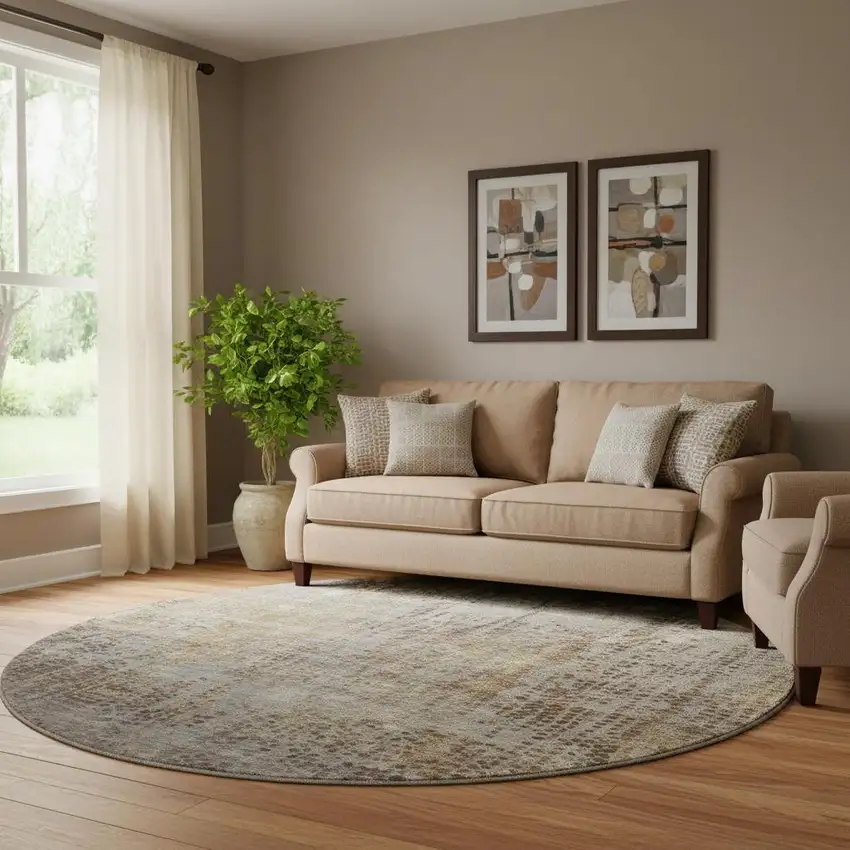 8' Brown And Taupe Abstract Washable Round Rug With UV Protection Photo 2