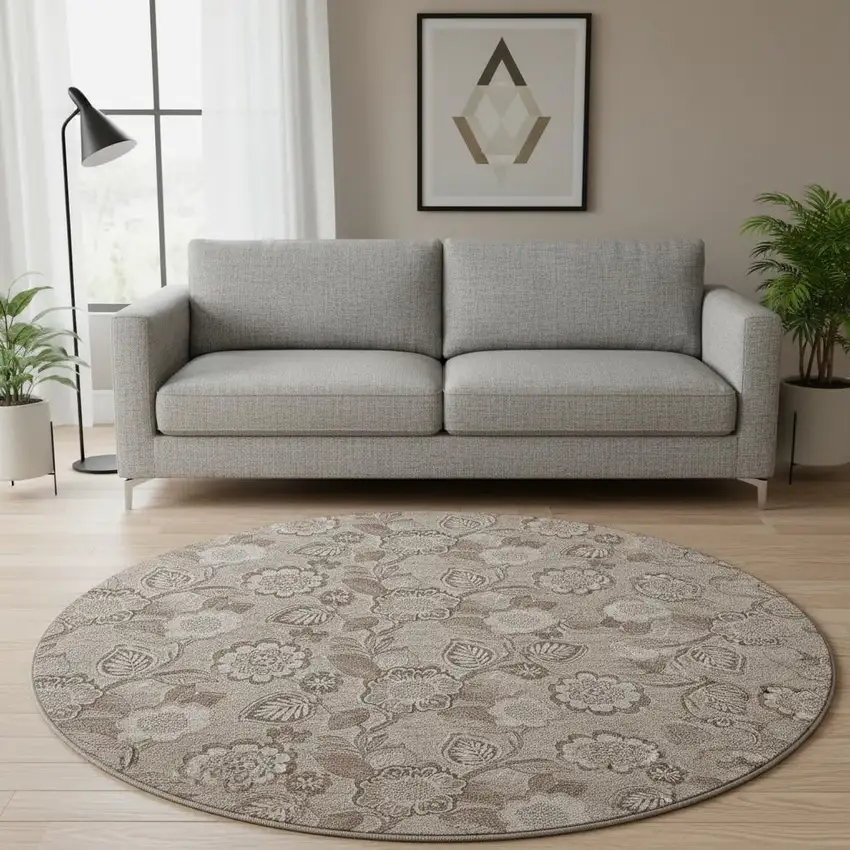 8' Brown And Taupe Floral Washable Round Rug With UV Protection Photo 2