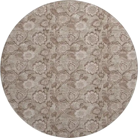 8' Brown And Taupe Floral Washable Round Rug With UV Protection Photo 1