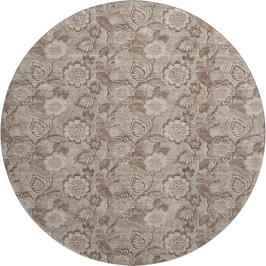 8' Brown And Taupe Floral Washable Round Rug With UV Protection Photo 1
