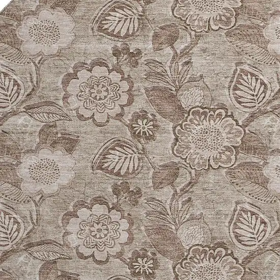 8' Brown And Taupe Floral Washable Round Rug With UV Protection Photo 3