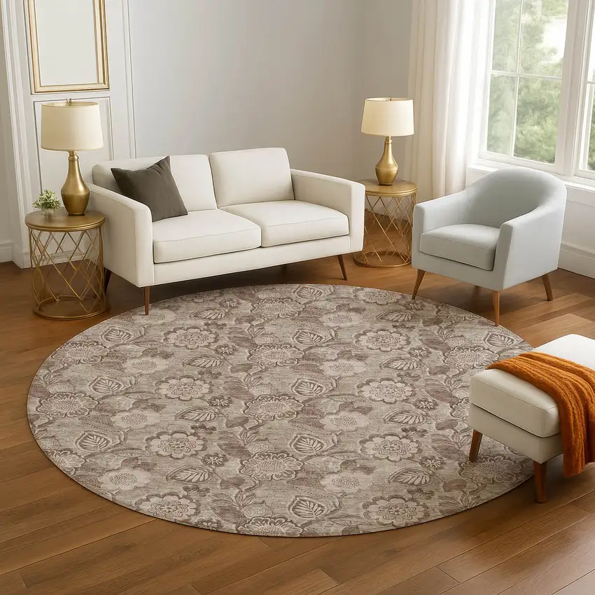 8' Brown And Taupe Floral Washable Round Rug With UV Protection Photo 5
