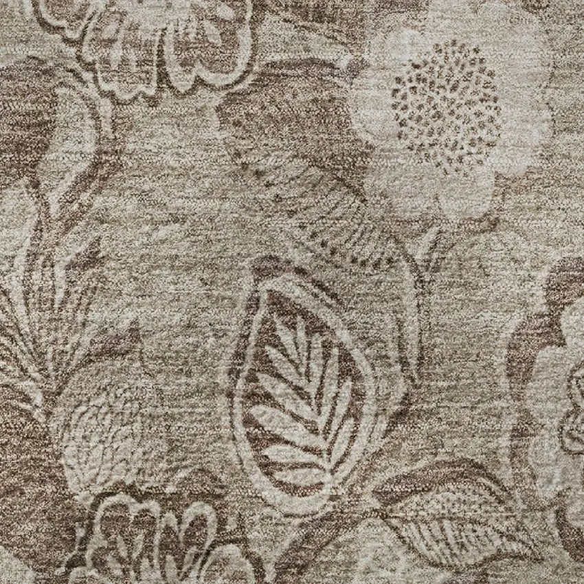 8' Brown And Taupe Floral Washable Round Rug With UV Protection Photo 9
