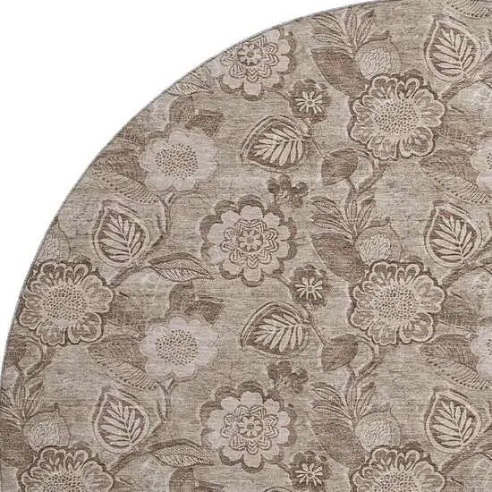 8' Brown And Taupe Floral Washable Round Rug With UV Protection Photo 4