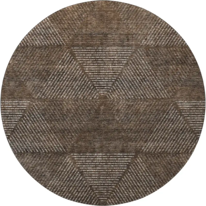 8' Brown And Taupe Geometric Washable Round Rug With UV Protection Photo 4