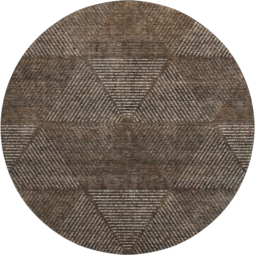8' Brown And Taupe Geometric Washable Round Rug With UV Protection Photo 1