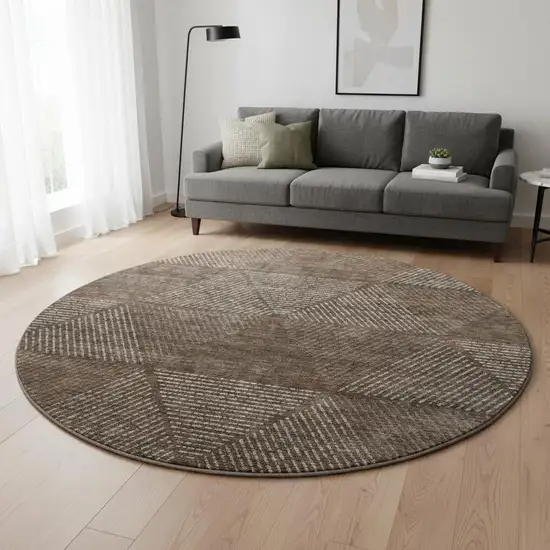 8' Brown And Taupe Geometric Washable Round Rug With UV Protection Photo 2