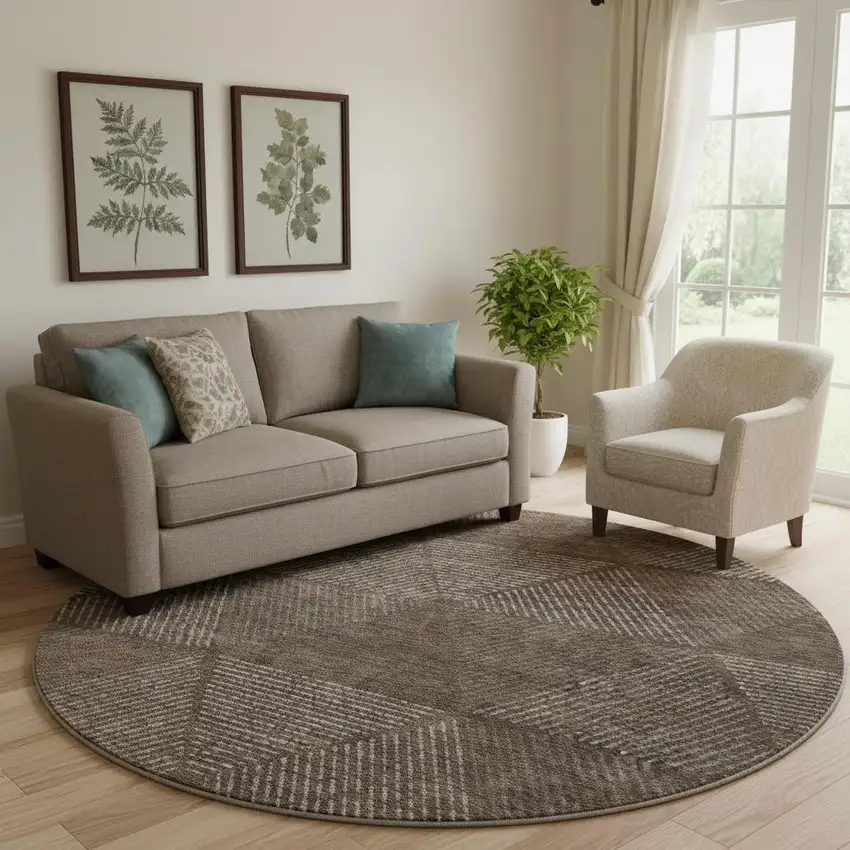 8' Brown And Taupe Geometric Washable Round Rug With UV Protection Photo 1