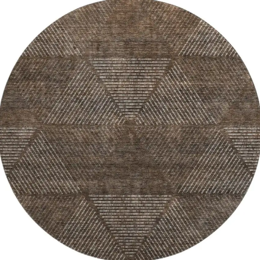 8' Brown And Taupe Geometric Washable Round Rug With UV Protection Photo 3