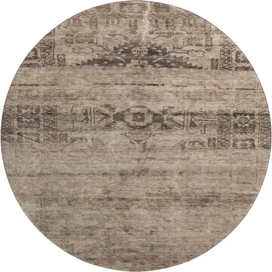 8' Brown And Taupe Oriental Washable Round Rug With UV Protection Photo 1
