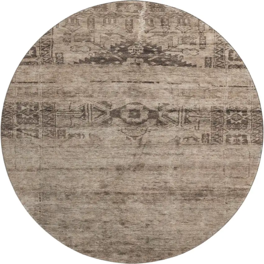 8' Brown And Taupe Oriental Washable Round Rug With UV Protection Photo 1