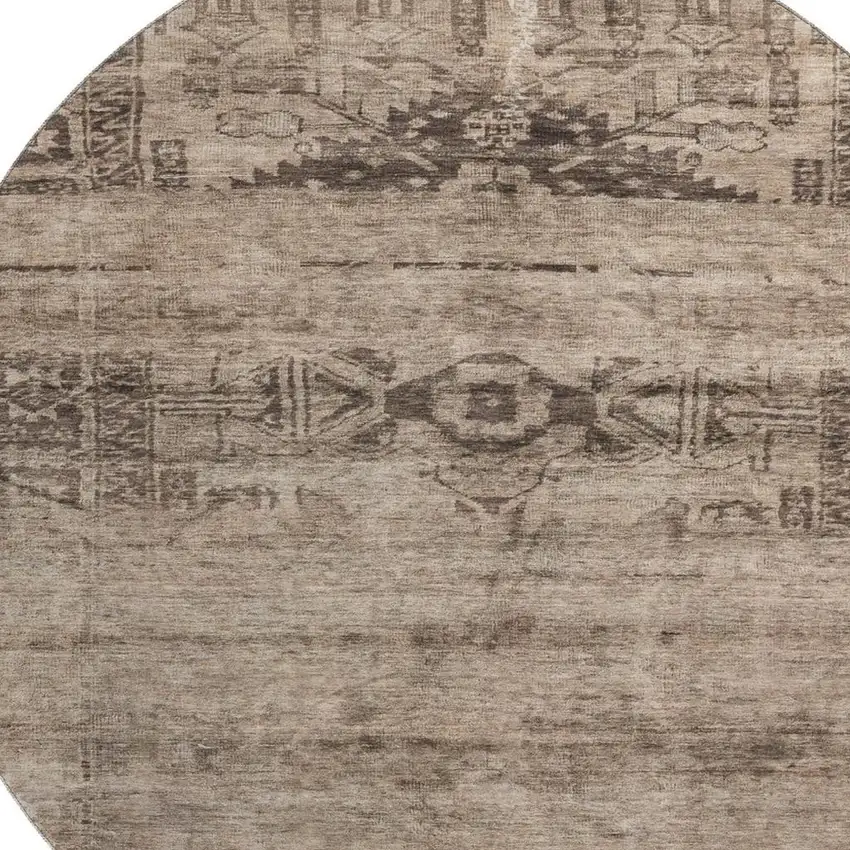 8' Brown And Taupe Oriental Washable Round Rug With UV Protection Photo 2