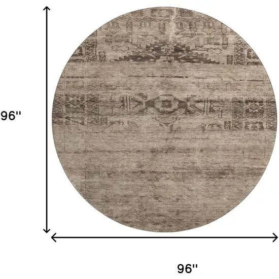 8' Brown And Taupe Oriental Washable Round Rug With UV Protection Photo 9