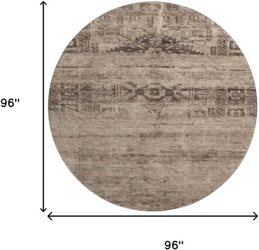 8' Brown And Taupe Oriental Washable Round Rug With UV Protection Photo 9