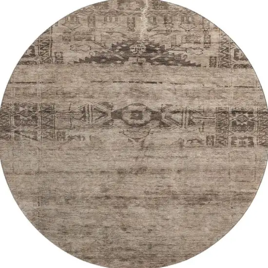 8' Brown And Taupe Oriental Washable Round Rug With UV Protection Photo 3