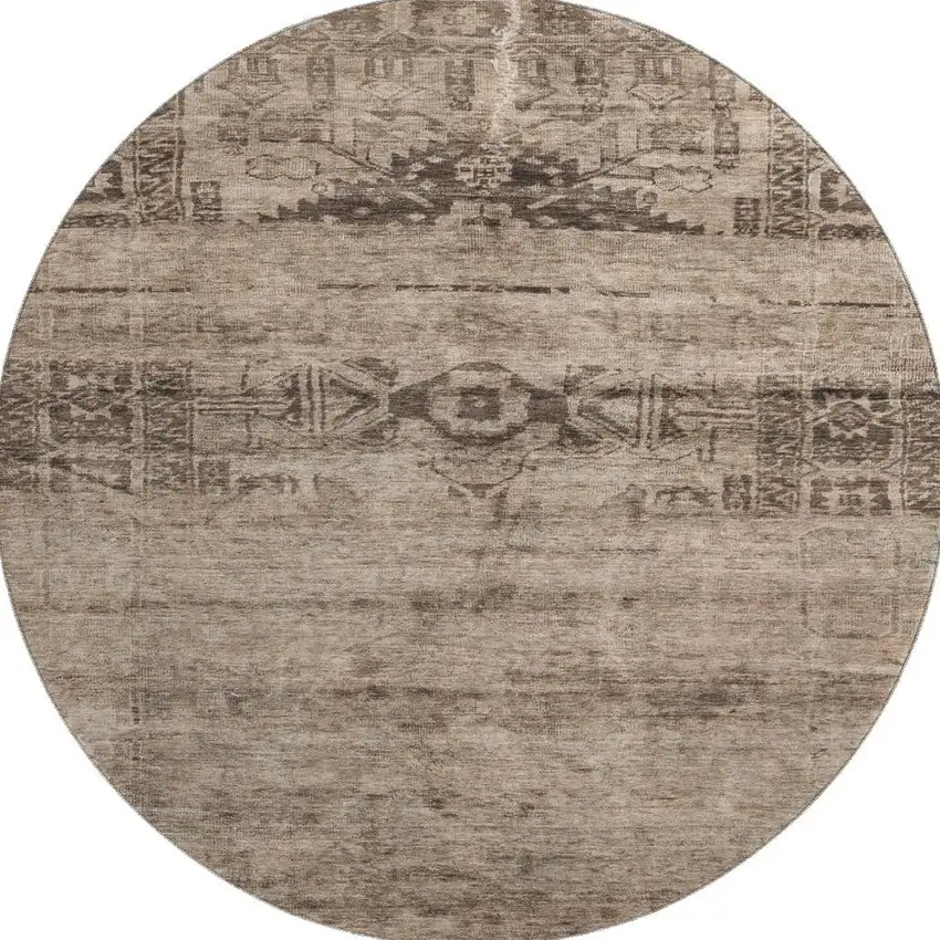 8' Brown And Taupe Oriental Washable Round Rug With UV Protection Photo 3