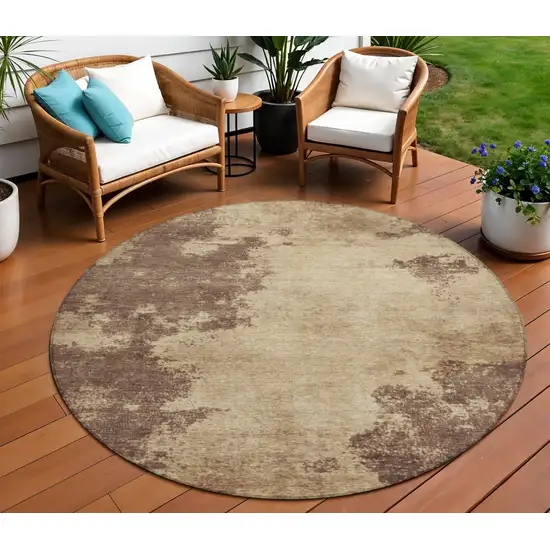 8' Brown And Taupe Round Abstract Washable Indoor Outdoor Area Rug Photo 2