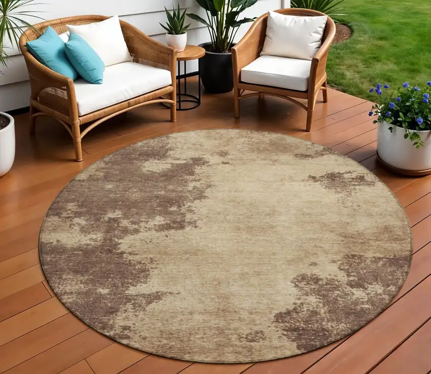 8' Brown And Taupe Round Abstract Washable Indoor Outdoor Area Rug Photo 2