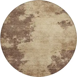 Photo of 8' Brown And Taupe Round Abstract Washable Indoor Outdoor Area Rug