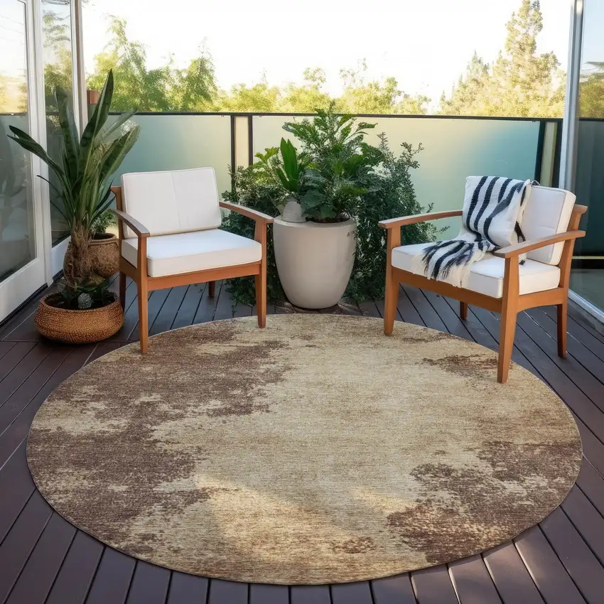 8' Brown And Taupe Round Abstract Washable Indoor Outdoor Area Rug Photo 6