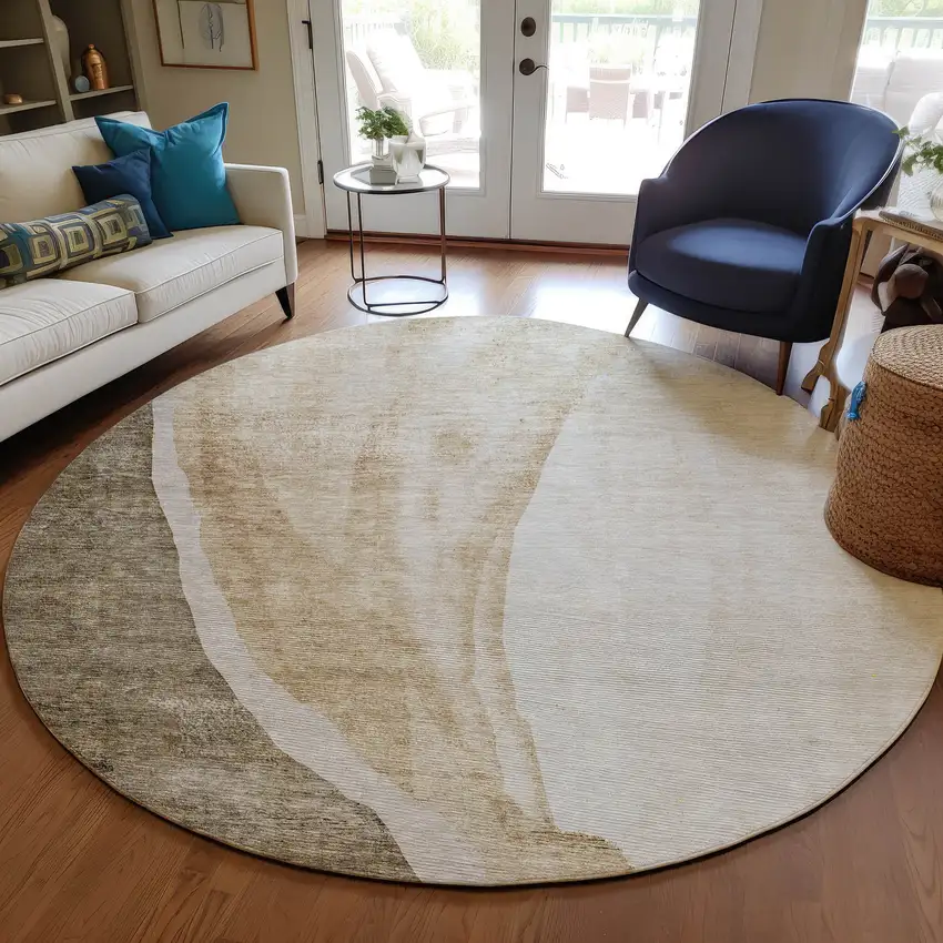 8' Brown And Taupe Round Abstract Washable Indoor Outdoor Area Rug Photo 7