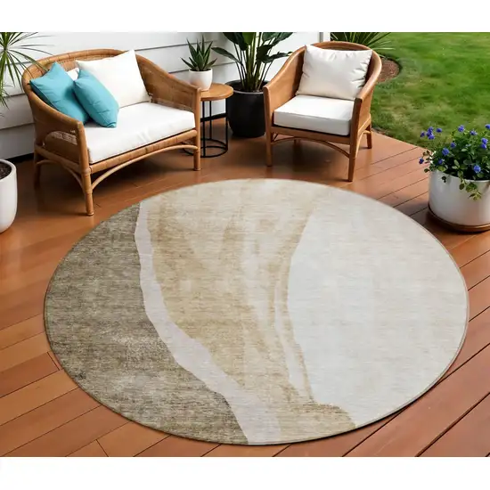 8' Brown And Taupe Round Abstract Washable Indoor Outdoor Area Rug Photo 1