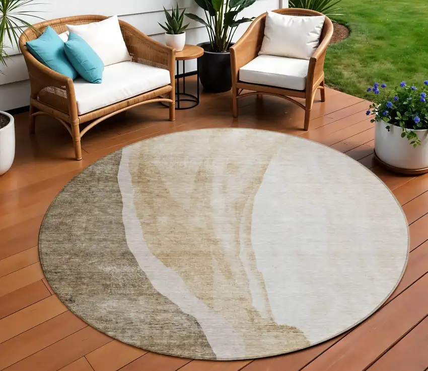 8' Brown And Taupe Round Abstract Washable Indoor Outdoor Area Rug Photo 1