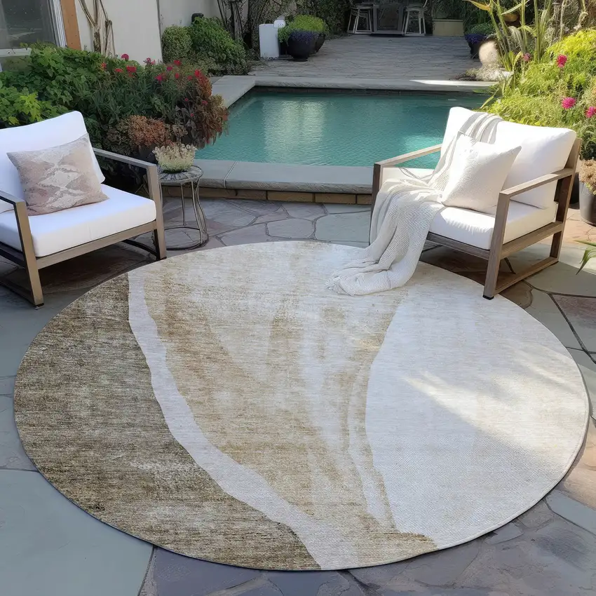 8' Brown And Taupe Round Abstract Washable Indoor Outdoor Area Rug Photo 6