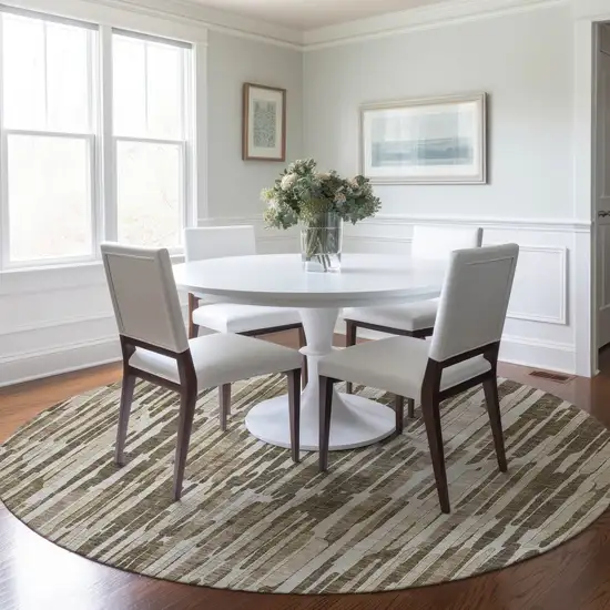 8' Brown And Taupe Round Abstract Washable Indoor Outdoor Area Rug Photo 8
