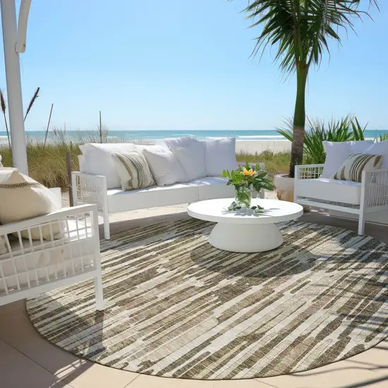 8' Brown And Taupe Round Abstract Washable Indoor Outdoor Area Rug Photo 7