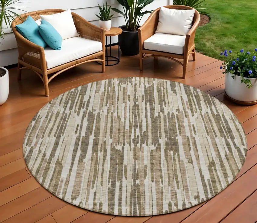 8' Brown And Taupe Round Abstract Washable Indoor Outdoor Area Rug Photo 1