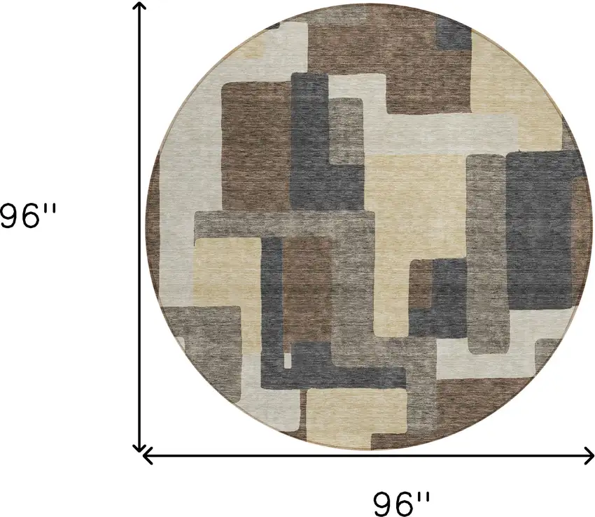 8' Brown And Taupe Round Abstract Washable Indoor Outdoor Area Rug Photo 3