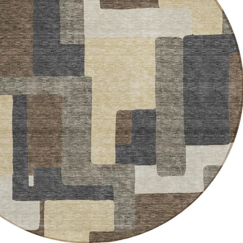8' Brown And Taupe Round Abstract Washable Indoor Outdoor Area Rug Photo 4