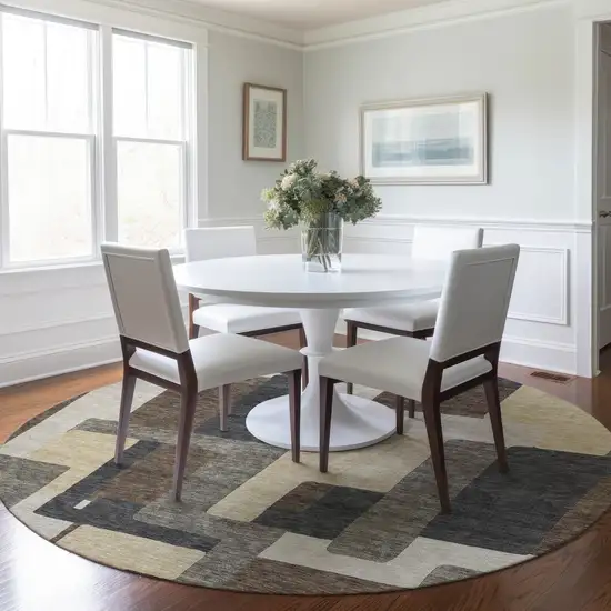 8' Brown And Taupe Round Abstract Washable Indoor Outdoor Area Rug Photo 8