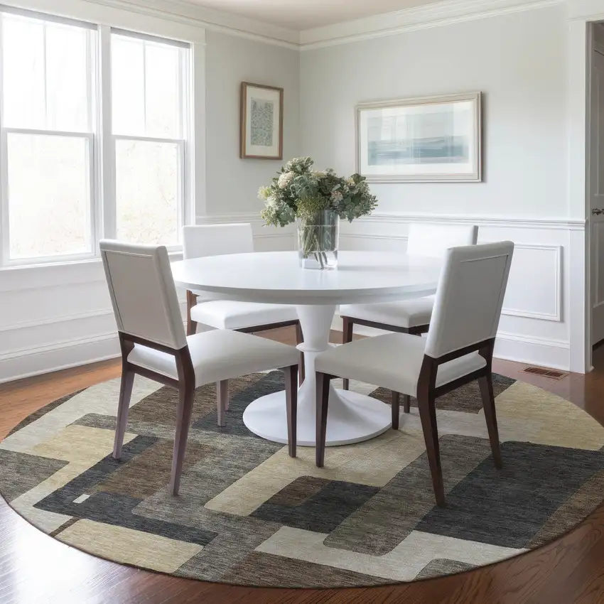 8' Brown And Taupe Round Abstract Washable Indoor Outdoor Area Rug Photo 8