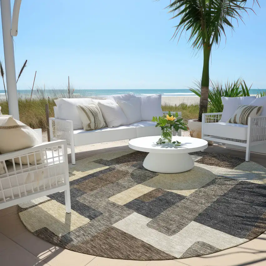 8' Brown And Taupe Round Abstract Washable Indoor Outdoor Area Rug Photo 7