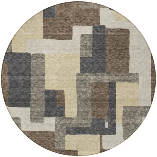 8' Brown And Taupe Round Abstract Washable Indoor Outdoor Area Rug Photo 6
