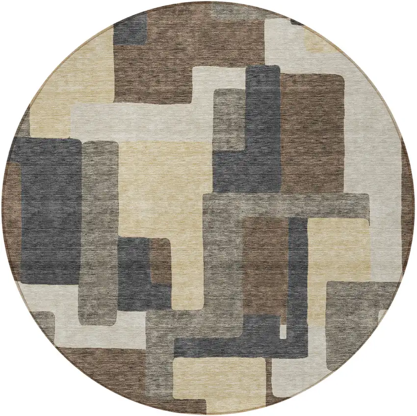 8' Brown And Taupe Round Abstract Washable Indoor Outdoor Area Rug Photo 6