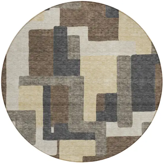 8' Brown And Taupe Round Abstract Washable Indoor Outdoor Area Rug Photo 1