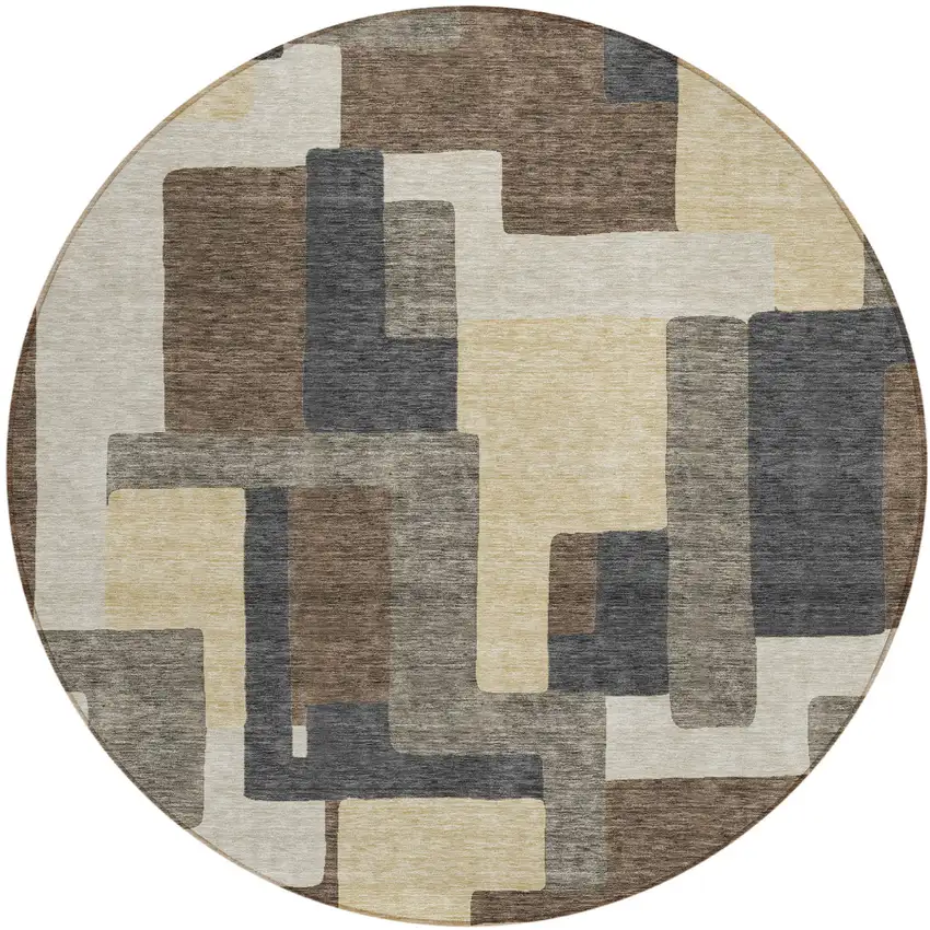 8' Brown And Taupe Round Abstract Washable Indoor Outdoor Area Rug Photo 1