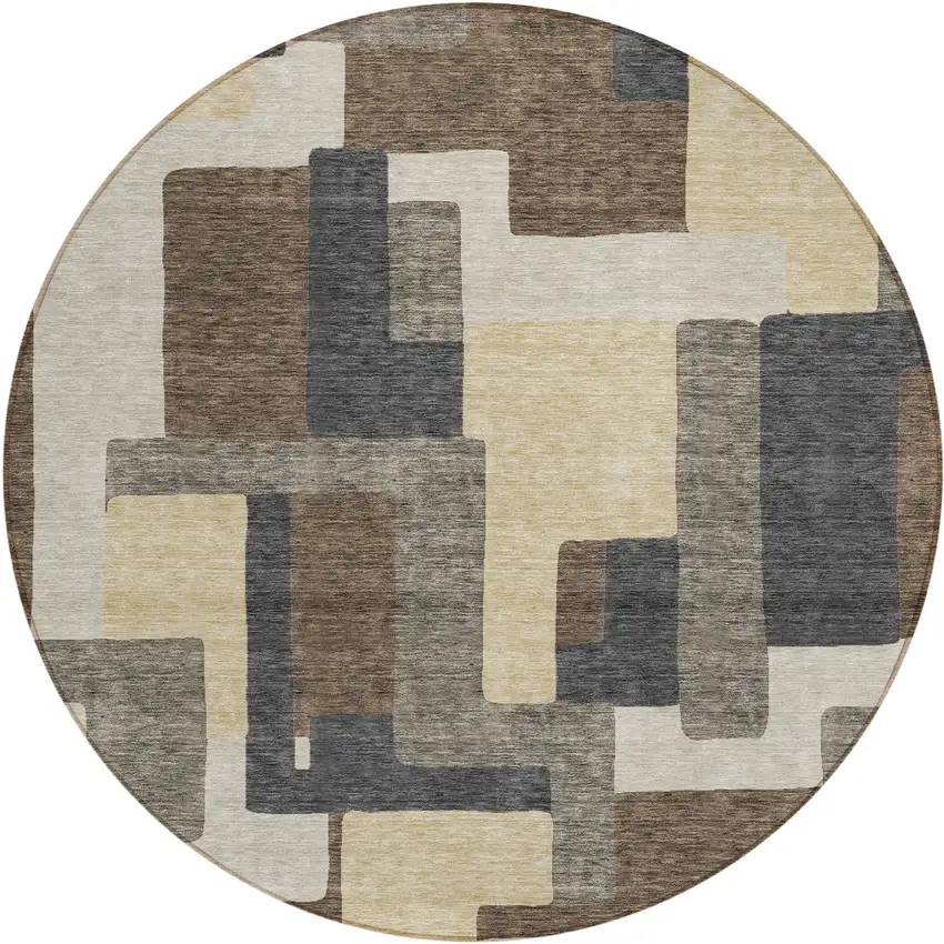 8' Brown And Taupe Round Abstract Washable Indoor Outdoor Area Rug Photo 1
