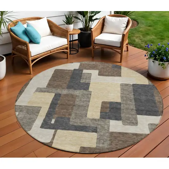 8' Brown And Taupe Round Abstract Washable Indoor Outdoor Area Rug Photo 1