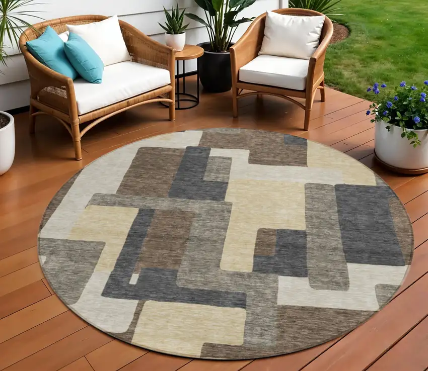 8' Brown And Taupe Round Abstract Washable Indoor Outdoor Area Rug Photo 1
