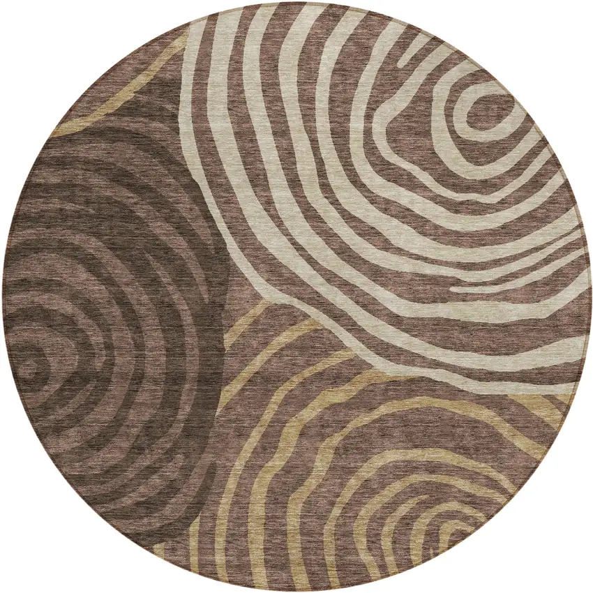 8' Brown And Taupe Round Abstract Washable Indoor Outdoor Area Rug Photo 1
