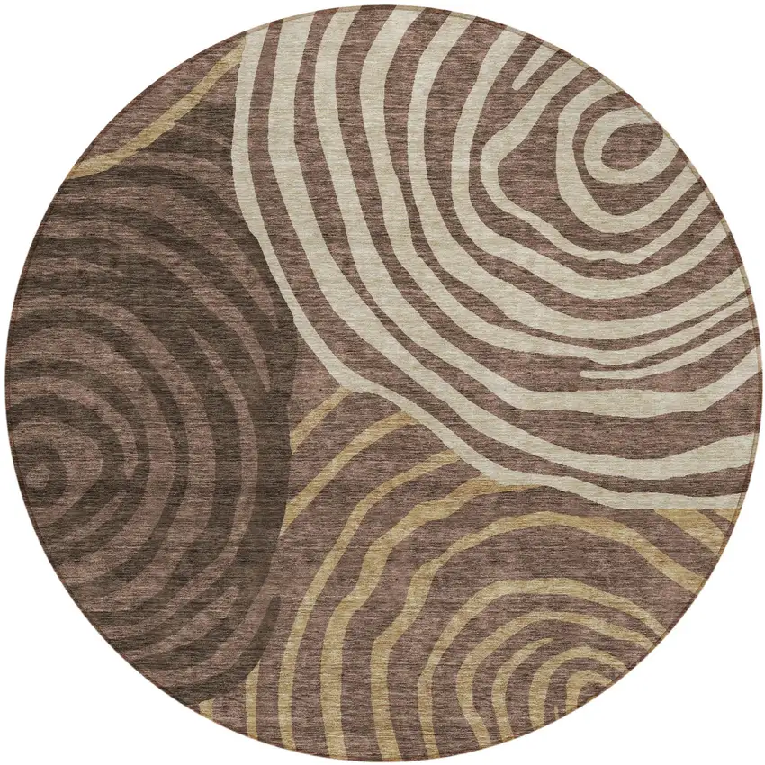 8' Brown And Taupe Round Abstract Washable Indoor Outdoor Area Rug Photo 1