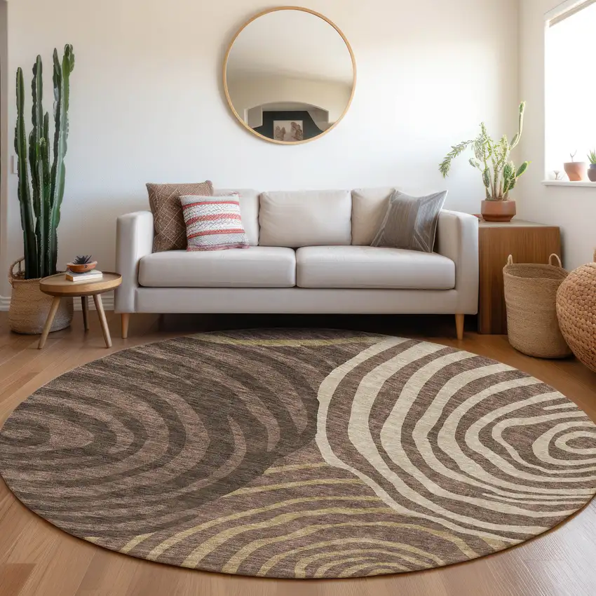 8' Brown And Taupe Round Abstract Washable Indoor Outdoor Area Rug Photo 7