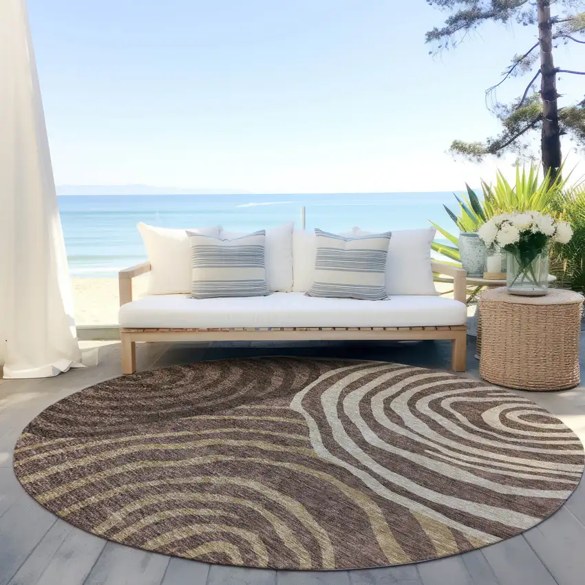 8' Brown And Taupe Round Abstract Washable Indoor Outdoor Area Rug Photo 6
