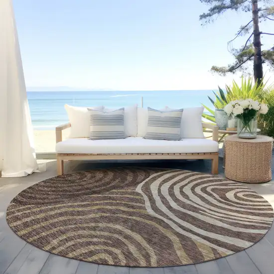 8' Brown And Taupe Round Abstract Washable Indoor Outdoor Area Rug Photo 6